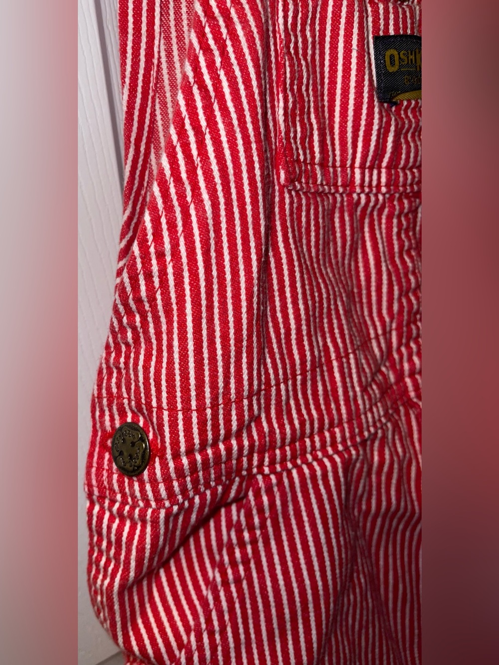 OshKosh B’Gosh kids 7 overalls red white Hickory Railroad stripe - Picture 4 of 7